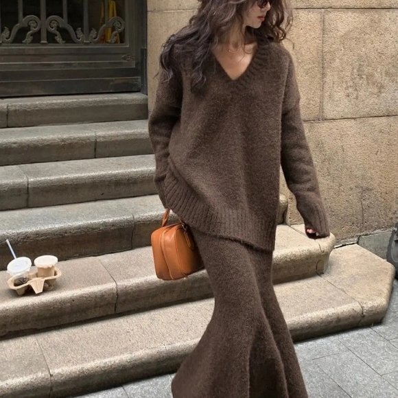 Sweaters - Lazy Style Sweater Set Skirt for Women's Autumn and Winter